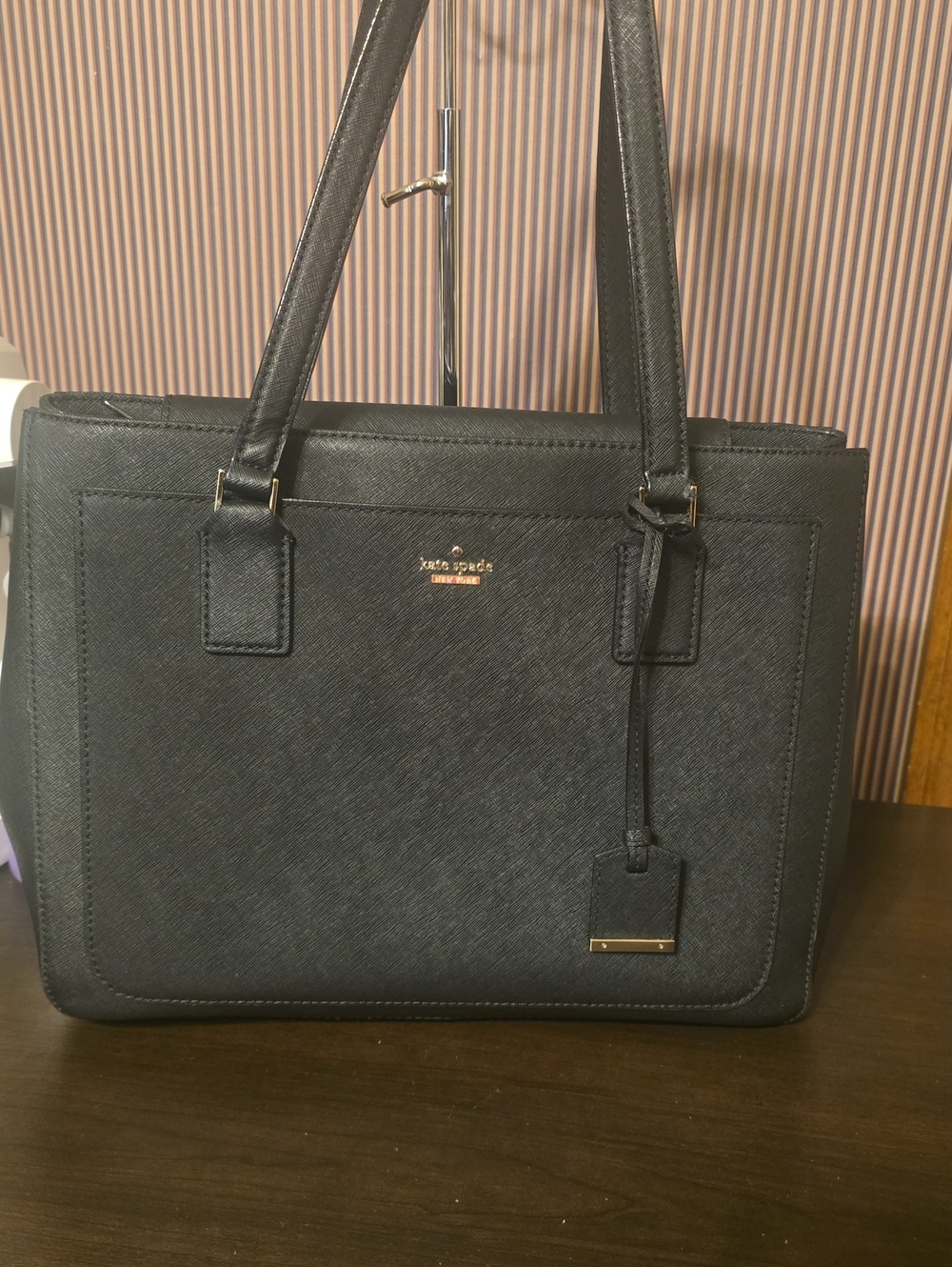 kate spade black saffiano tote with gold accents